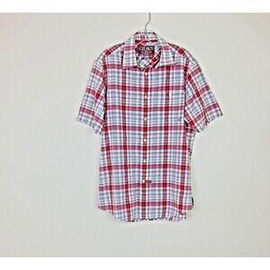 Ecko Unltd Men's Button-Up Shirt Size M Red Gray Plaid Regular Fit Short Sleeve